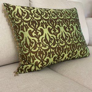 Light Green & Brown Damask Beaded Throw Pillow